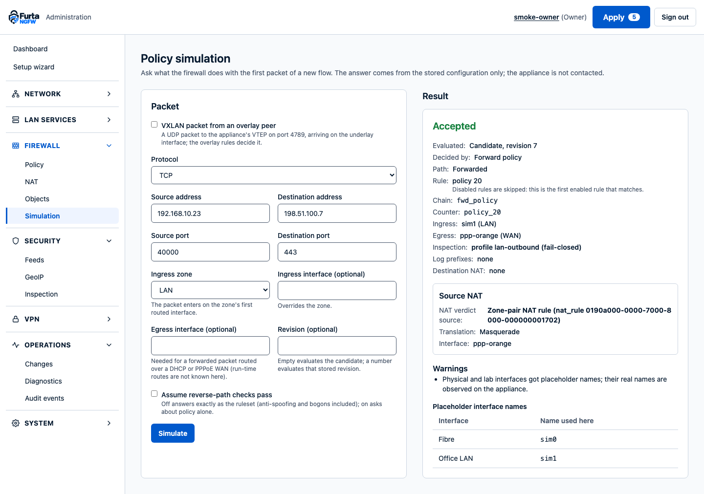 Policy simulation: a TCP packet from 192.168.10.23 to 198.51.100.7:443, accepted by policy 20 with inspection profile lan-outbound and masqueraded on the WAN.